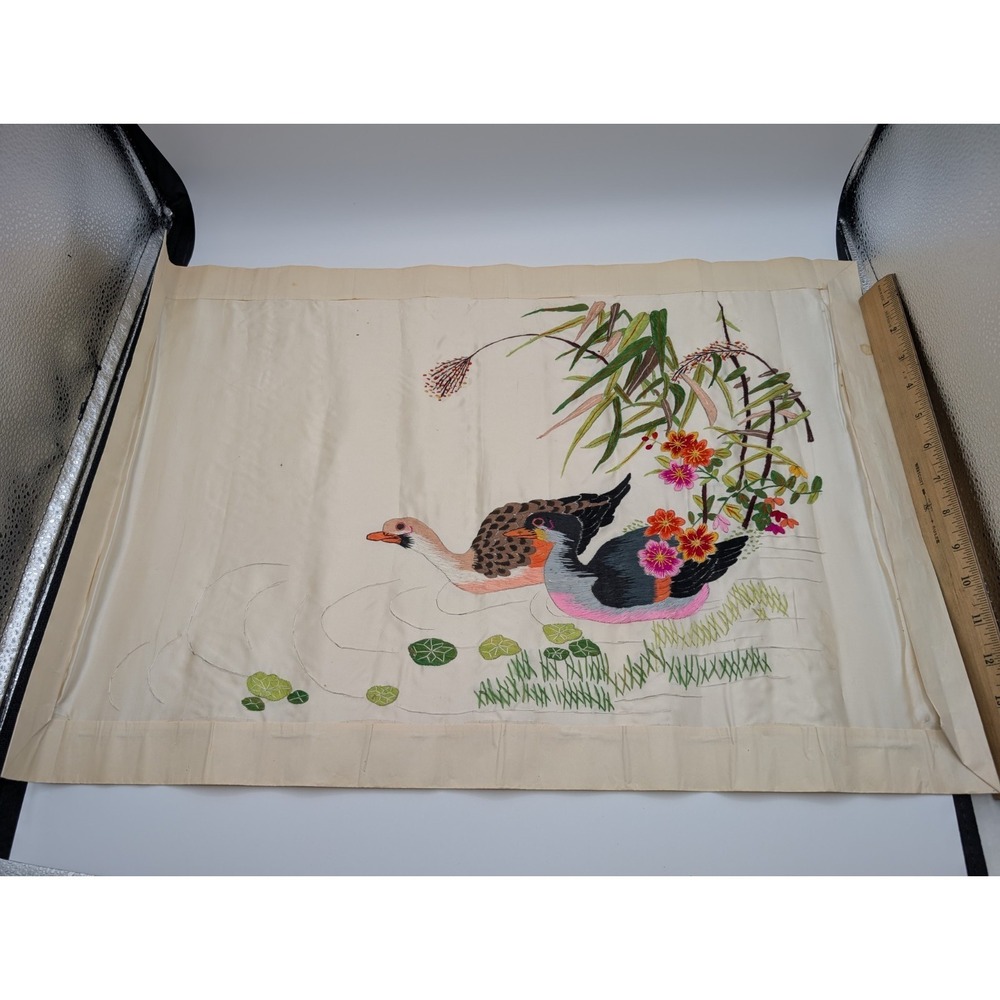 Vntge. Hand Embroidered Silk Panel Mandarin Ducks Floral Asian Textile Art 16X24